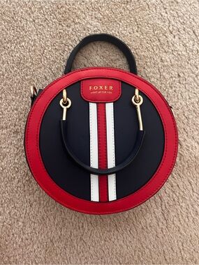 FOXER Navy and Red Round Tote Bag with Striped Accent